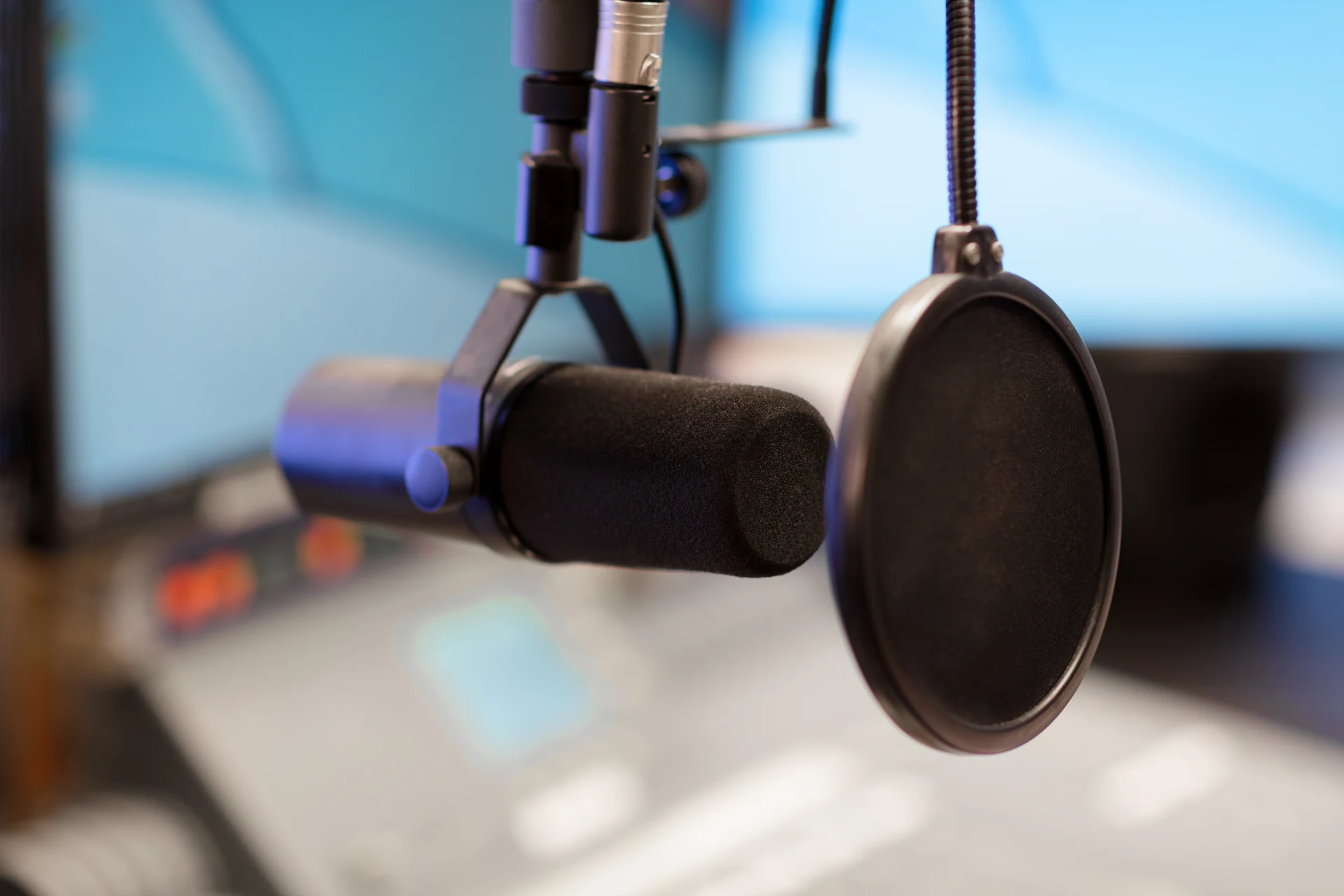 Microphone and mixing console in a broadcast studio